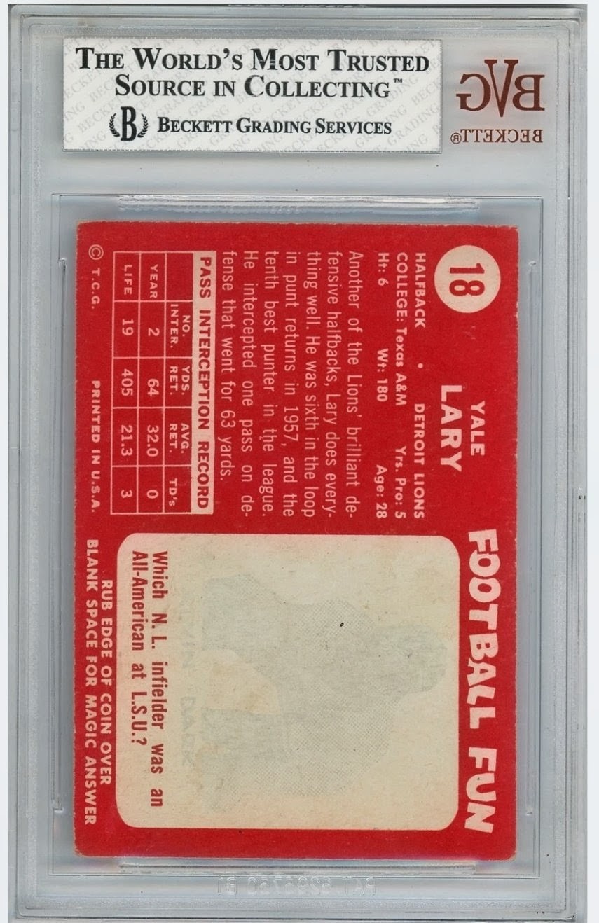 1958 Topps Football — Yale Lary #18, Detroit Lions, BVG 5 Excellent — back