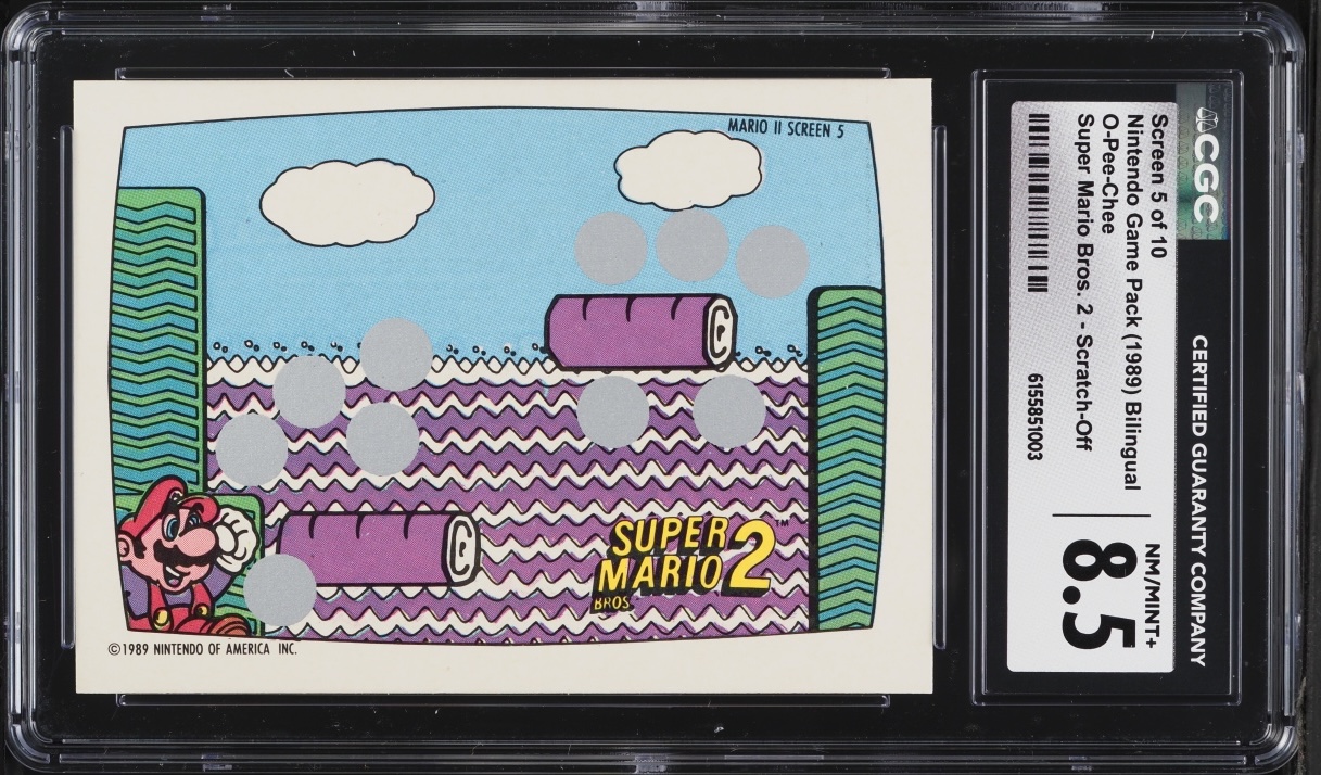 1989 O-Pee-Chee Nintendo Game Pack — Super Mario Bros. 2 Screen 5/10 Scratch-Off, CGC 8.5 NM/MINT+ — front